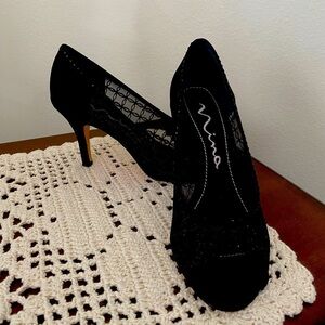 Nina Black Dressy Peep Toe Heels | Sheer Sides | Sequin Detail | Size 7M